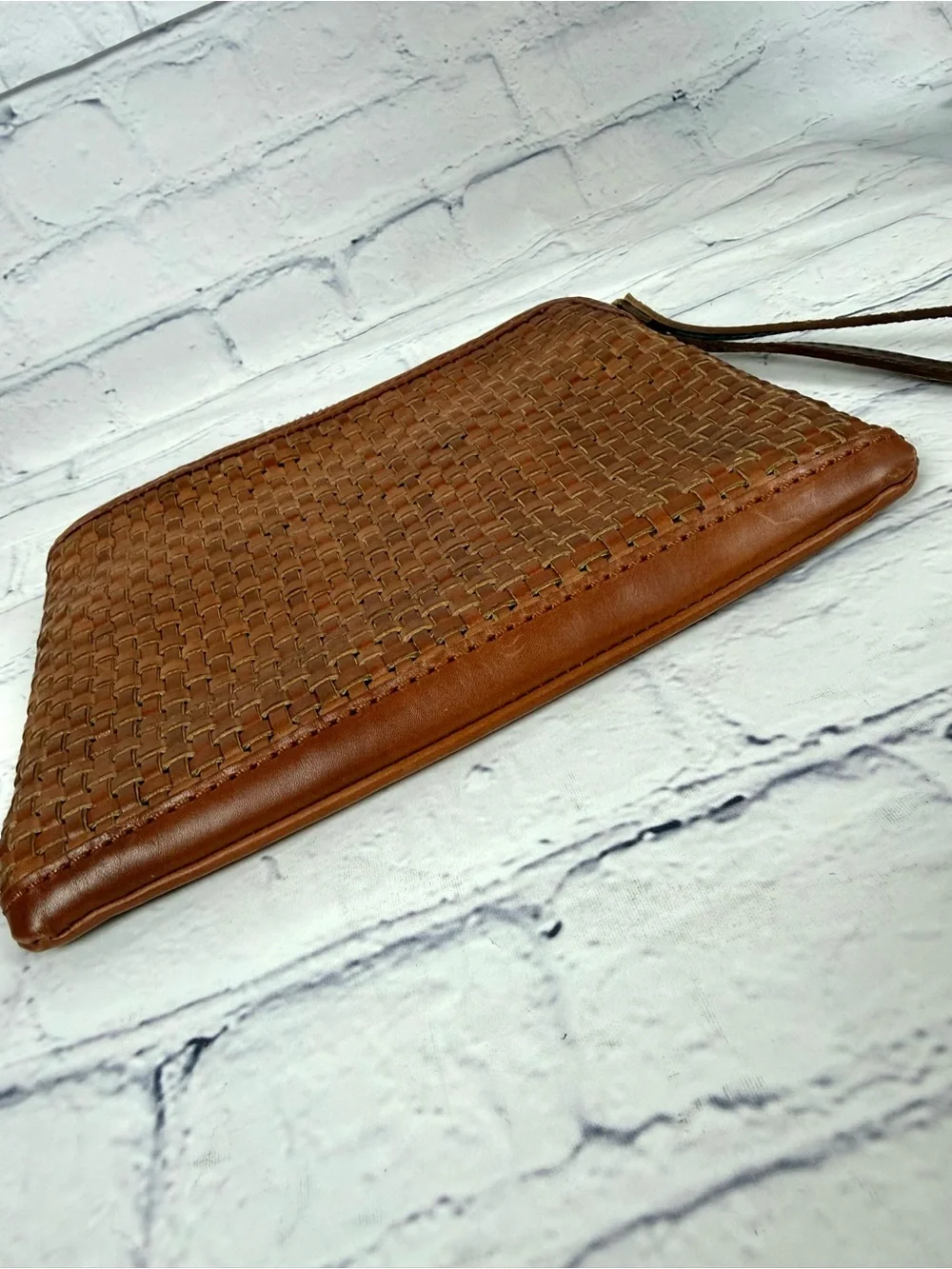 Patricia Nash Leisha Woven Cognac Leather Wristlet Clutch NWOT